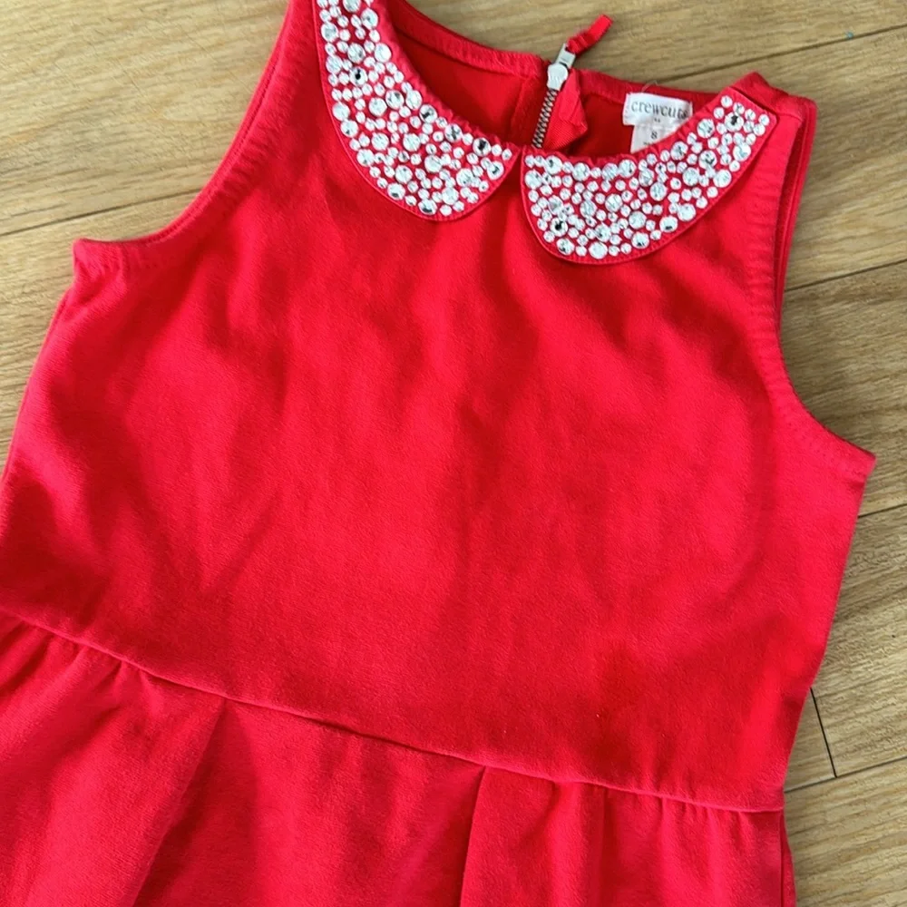 Crew cut, red sleeveless, cotton, embellished collar holiday dress. Sz 8